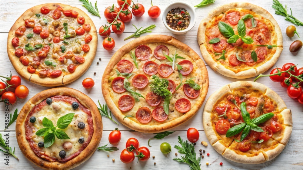 A variety of pizzas with different toppings are displayed on a table A variety of pizzas with different toppings are displayed on a table