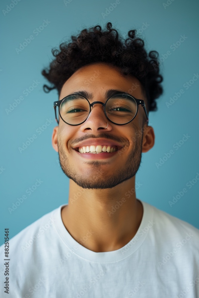Cheerful young man with curly hair and glasses smiles against a blue backdrop, radiating happiness and positivity. Perfect for creative projects Cheerful young man with curly hair and glasses smiles against a blue backdrop, radiating happiness and positivity. Perfect for creative projects