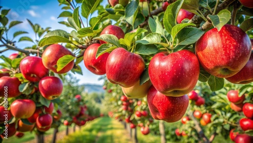 Vibrant red apples clustered on tree branches, ripe and ready for harvest, in a lush green apple orchard setting.