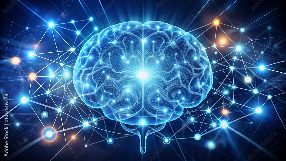 Abstract brain icon surrounded by speech bubbles and glowing lines, representing innovative thinking and recruitment in business industry. Abstract brain icon surrounded by speech bubbles and glowing lines, representing innovative thinking and recruitment in business industry.