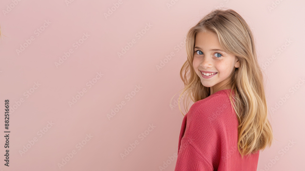 Australian girl in red sweater smile to copy space for text for advertising Australian girl in red sweater smile to copy space for text for advertising