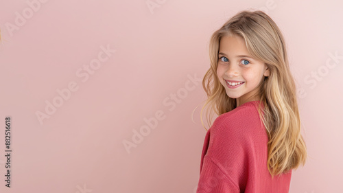 Australian girl in red sweater smile to copy space for text for advertising