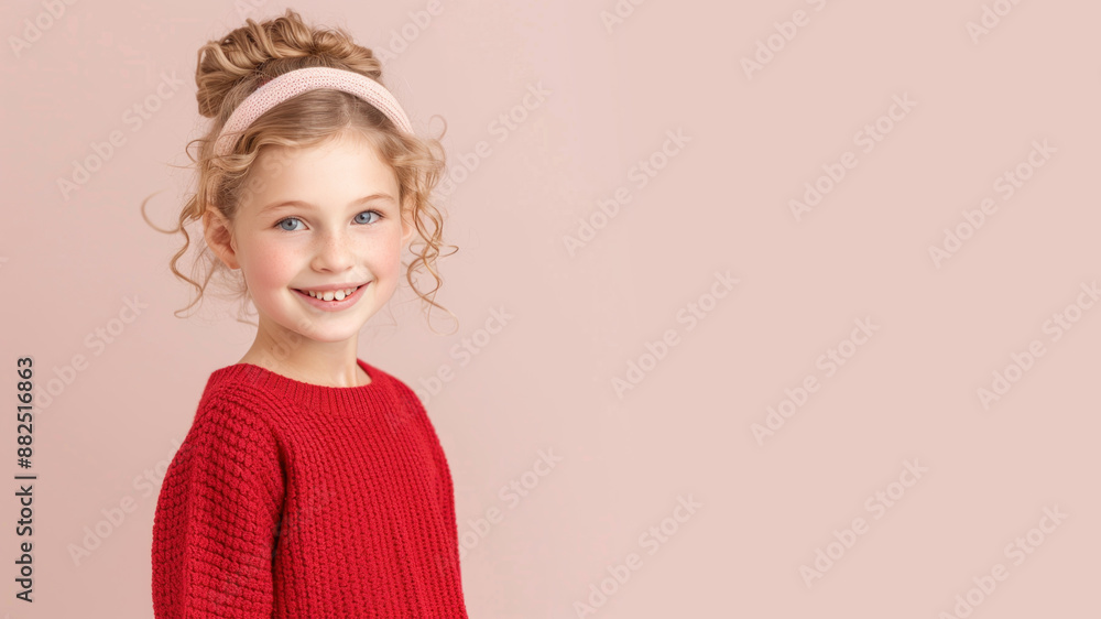 French girl in red sweater smile to copy space for text for advertising French girl in red sweater smile to copy space for text for advertising