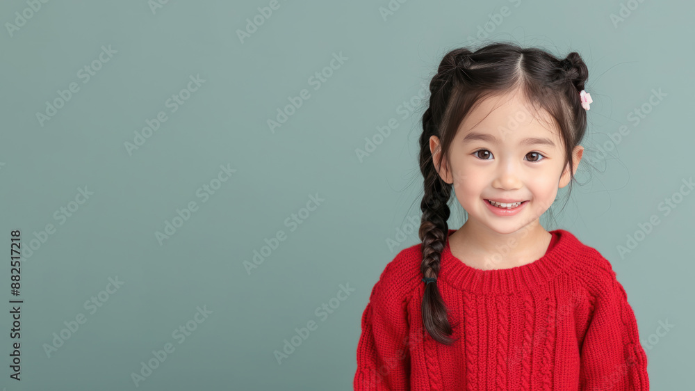 Japanese girl in red sweater smile to copy space for text for advertising Japanese girl in red sweater smile to copy space for text for advertising