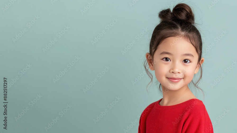 Japanese girl in red sweater smile to copy space for text for advertising Japanese girl in red sweater smile to copy space for text for advertising
