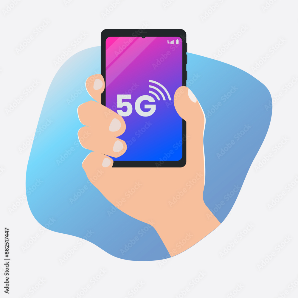 Hand hold mobile phone with 5G network connection vector Hand hold mobile phone with 5G network connection vector