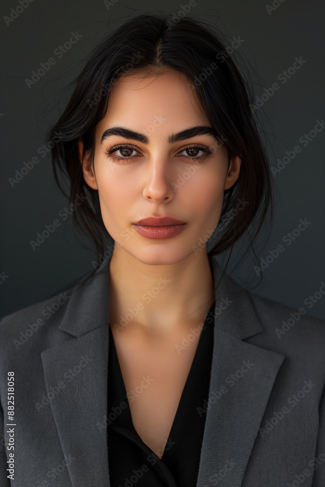 Young businesswoman with dark hair and a serious expression is posing in a studio setting, conveying professionalism and confidence Young businesswoman with dark hair and a serious expression is posing in a studio setting, conveying professionalism and confidence