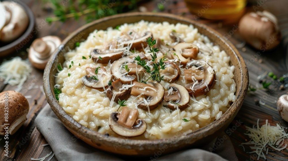 An overhead shot of a gourmet mushroom risotto, showcasing creamy Arborio rice cooked with assorted wild mushrooms and Parmesan cheese, garnished with thyme leaves and served in a classic ceramic