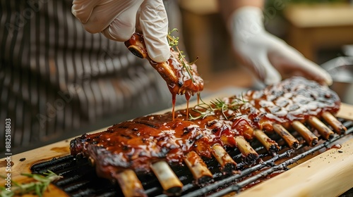 High angle of anonymous cook pouring barbecue on grilled ribs placed on wooden chopping board against blurred background. 