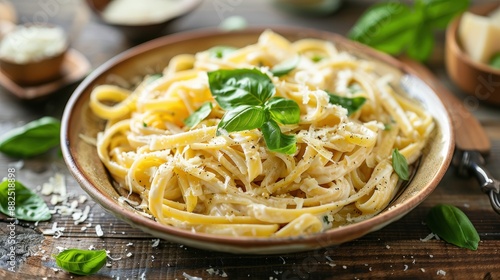 A close-up shot of a gourmet pasta dish with creamy Alfredo sauce, adorned with fresh basil leaves and Parmesan cheese, elegantly presented on a rustic wooden table, Balanced Exposure, natural light,