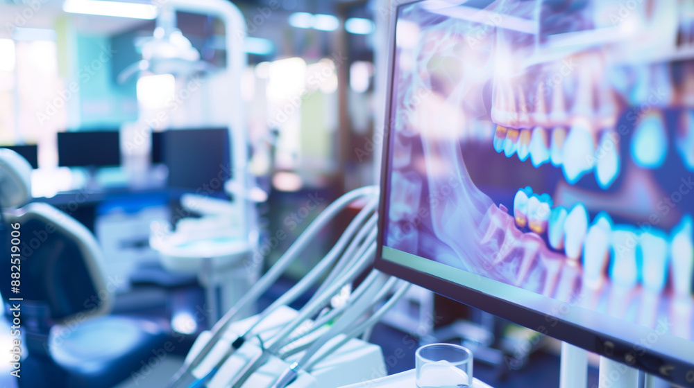 dental device in close-up, interior with a computer for medical care. Dentist's office, computer and furniture with digital equipment on a blurred background dental device in close-up, interior with a computer for medical care. Dentist's office, computer and furniture with digital equipment on a blurred background