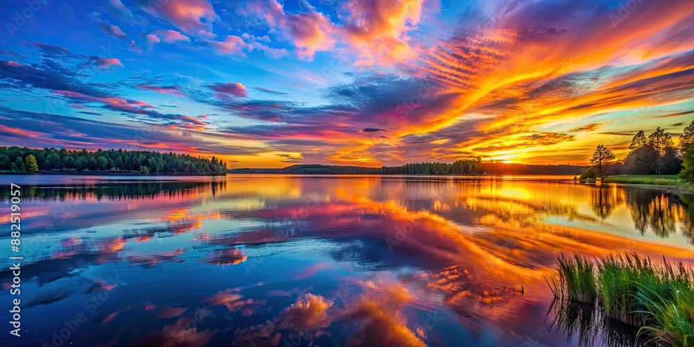 Vibrant sunset reflecting on a calm lake, creating a colorful shimmering effect, sunset, vibrant, serene, lake, reflections Vibrant sunset reflecting on a calm lake, creating a colorful shimmering effect, sunset, vibrant, serene, lake, reflections