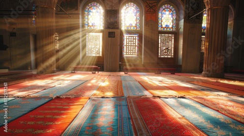 Sunlight Streaming Through Stained Glass Windows in a Mosque