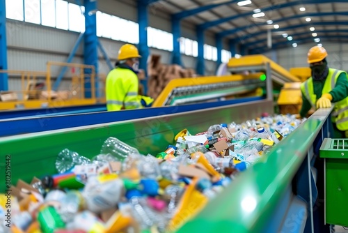 Automated Machine at Recycling Plant with Conveyor Belts Showcasing Efficiency in Waste Management and Sustainability. photo