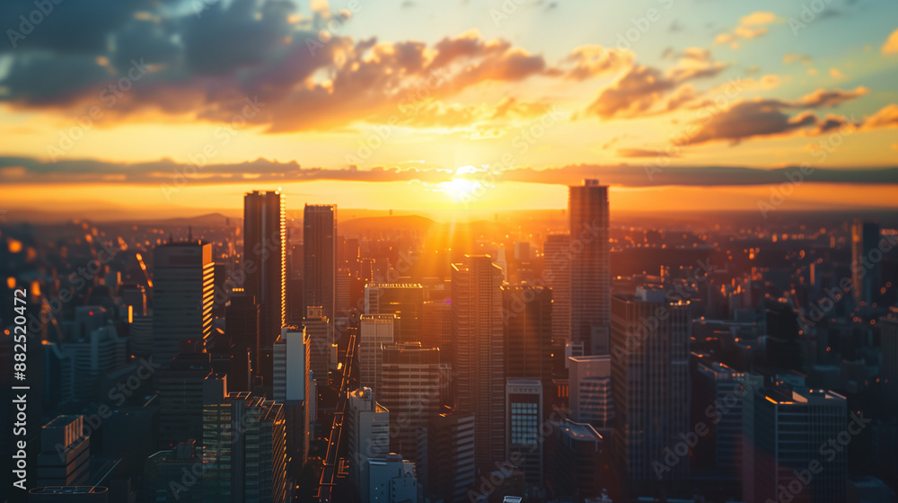 Naklejka premium sunset over the big city, tall buildings reflect sunlight, Ai Generated Images