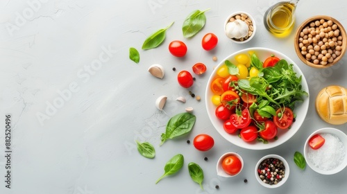 A minimalist flat lay with a clean background, beautifully arranged food items, and perfect lighting