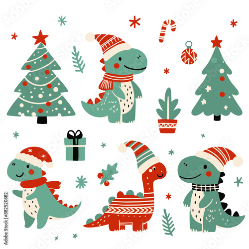 Christmas set with festive dinosaurs and cute characters. Christmas dinosaurs, trees, sweets and toys. Pattern with dinosaurs but new year.