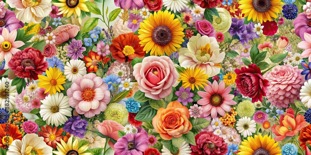 Seamless and dense floral pattern with a variety of colorful flowers and blooms for creative backgrounds, floral, seamless Seamless and dense floral pattern with a variety of colorful flowers and blooms for creative backgrounds, floral, seamless