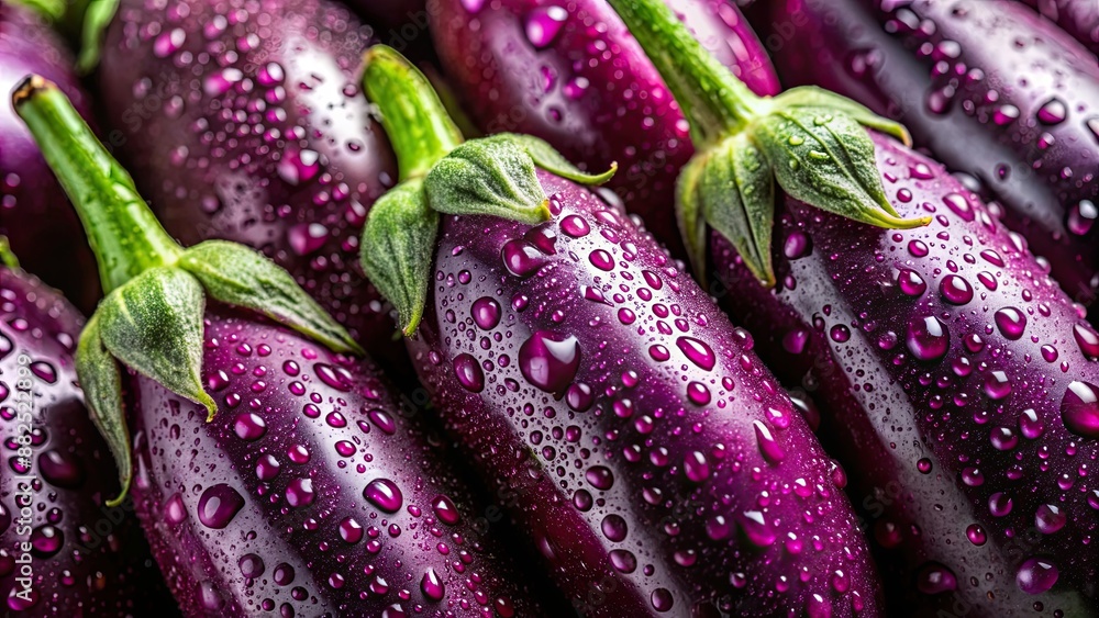 Vibrant fresh eggplants with water droplets on skin, fresh, vegetables, purple, shiny, organic, healthy, produce, food, ingredient Vibrant fresh eggplants with water droplets on skin, fresh, vegetables, purple, shiny, organic, healthy, produce, food, ingredient