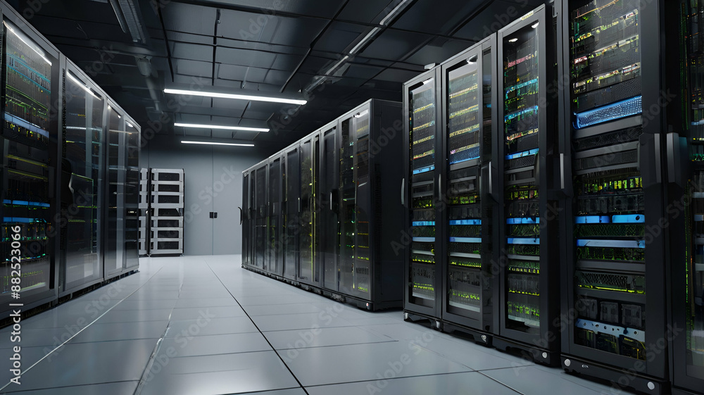 Working Data Center Full of Rack Servers and Supercomputers, Interior server room, Network hardware. Internet hardware. Room with racks for network equipment. Working Data Center Full of Rack Servers and Supercomputers, Interior server room, Network hardware. Internet hardware. Room with racks for network equipment.