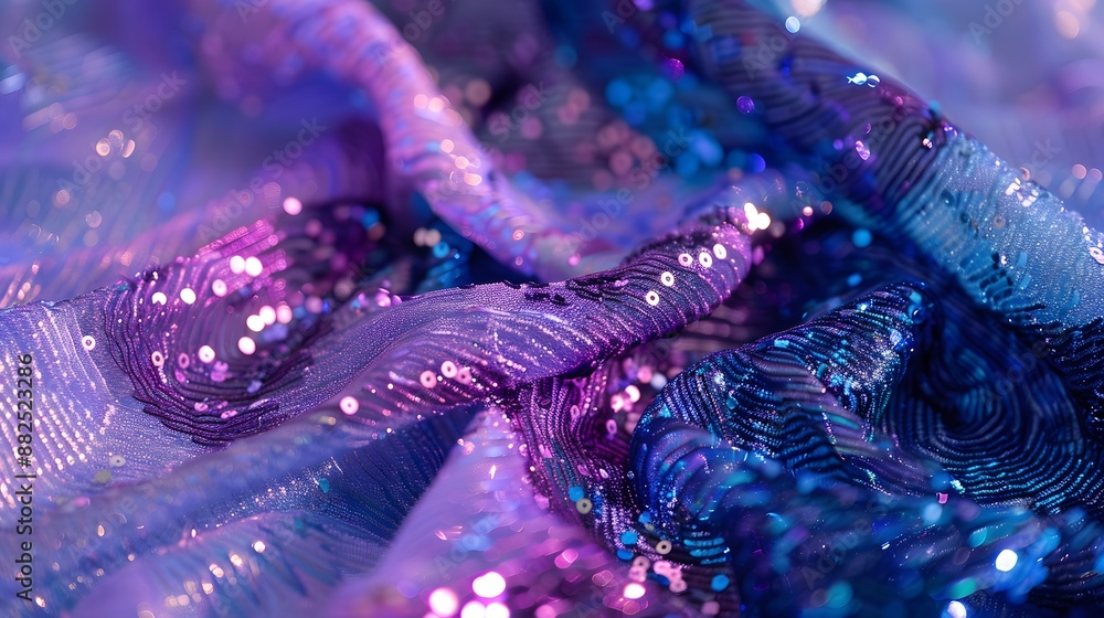 Sequins close-up macro. Abstract background with blue sequins and lilac color on the fabric. Texture scales of round sequins with color transition. Sequins close-up macro. Abstract background with blue sequins and lilac color on the fabric. Texture scales of round sequins with color transition.