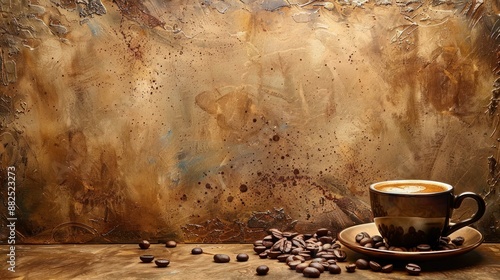 A coffee-themed image with a textured brown backdrop, coffee beans scattered around, some green leaves, and a cup of coffee on the top right corner.