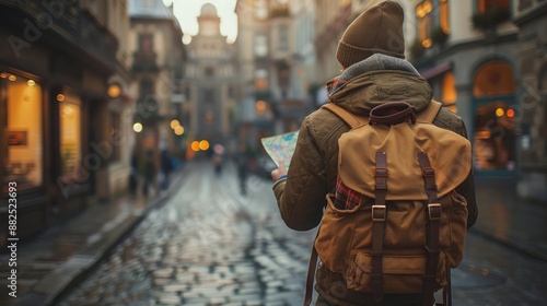 Solo traveler with a map exploring a new city, representing independent travel and discovery