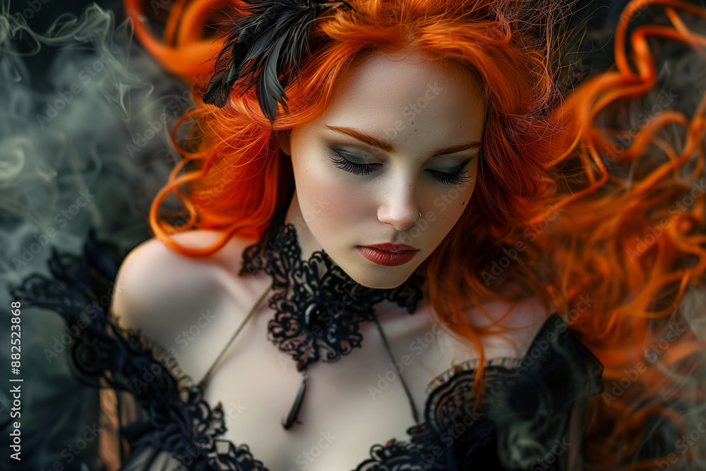 A woman with long red hair and black lace is looking at the camera A woman with long red hair and black lace is looking at the camera