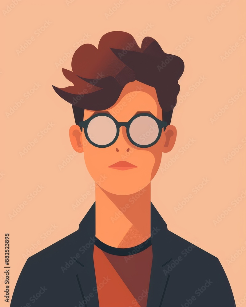 Boy with Wavy Hair and Glasses, Simple Flat Design. Generative AI. Boy with Wavy Hair and Glasses, Simple Flat Design. Generative AI.