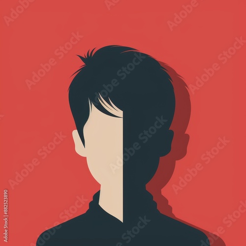 Half-Faced Man in Shadow, Simple Flat Design. Generative AI.