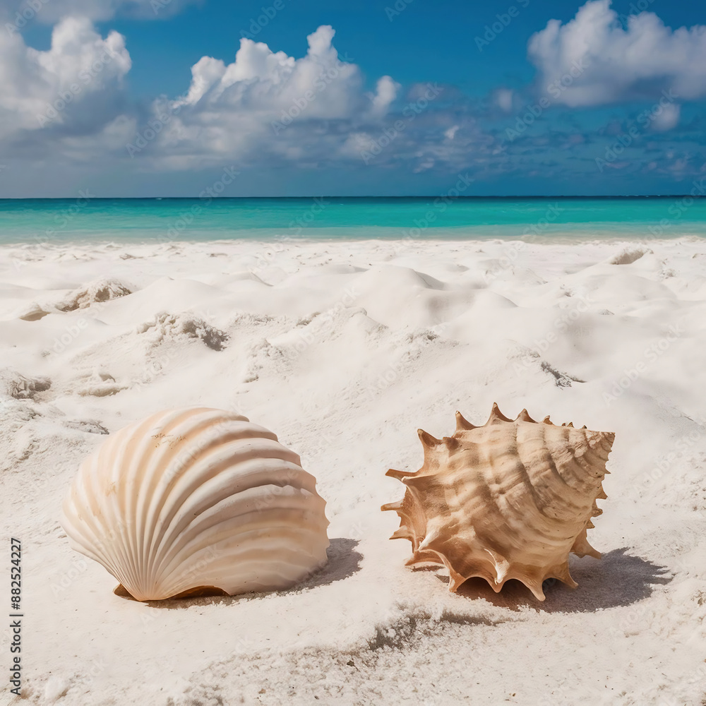 two seashells on the sand in front of the ocean beach near a beautiful sky with clouds in the summer vacation coastal 1