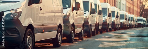 A long line of identical white delivery vans parked along an urban street, reflecting the growth of e-commerce and last-mile logistics services. photo