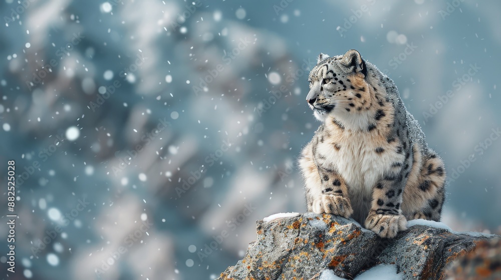 Fototapeta premium a snow leopard on a mountain peak, with a vast expanse of snow-covered mountains 