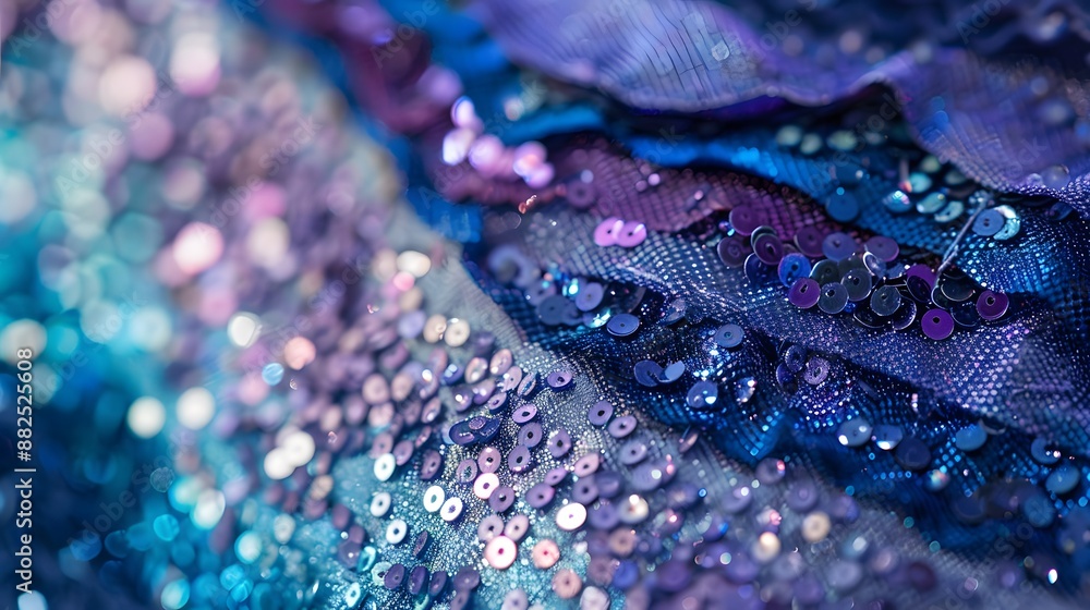 Sequins close-up macro. Abstract background with blue sequins and lilac color on the fabric. Texture scales of round sequins with color transition. Sequins close-up macro. Abstract background with blue sequins and lilac color on the fabric. Texture scales of round sequins with color transition.