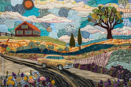 a painting of a car driving down a road