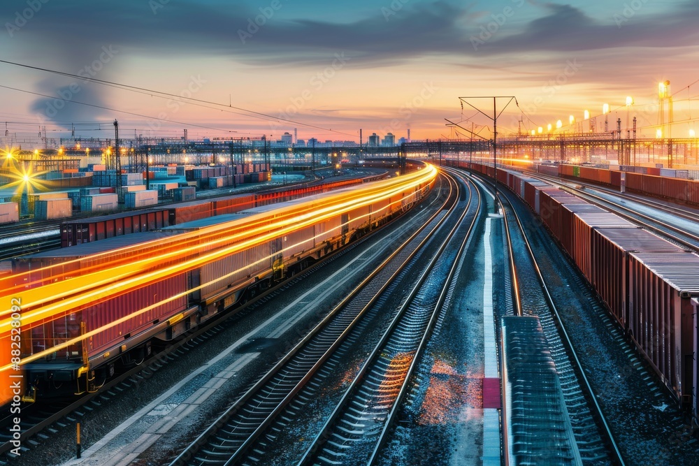 Fototapeta premium Freight Train at Sunset in Urban Landscape