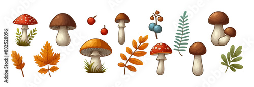 Autumn icons set with leaves ,mushrooms,acorns,berries. Leaf fall. Autumn flying watercolor leaves. Vector autumn elements isolated on white background.