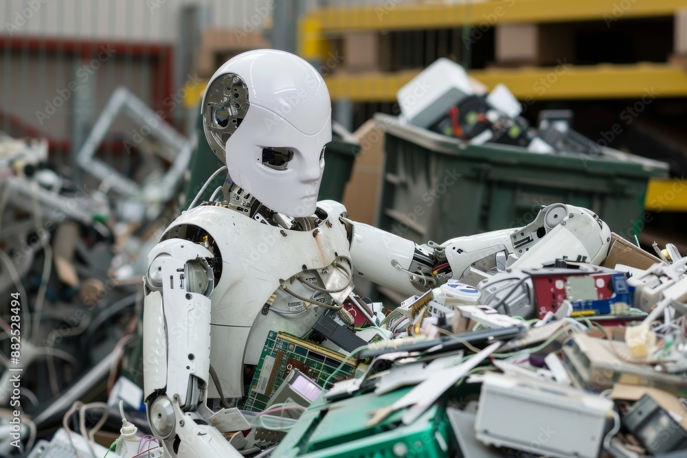 Fototapeta premium Robot in a Junkyard of Electronic Waste