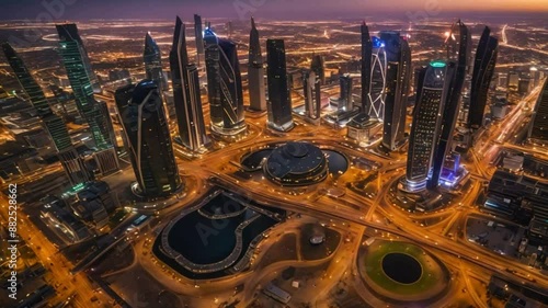 Drone hyperlapse aerial shot of King Abdullah Financial District ( KAFD ) at night, Riyadh City, Saudi Arabia photo