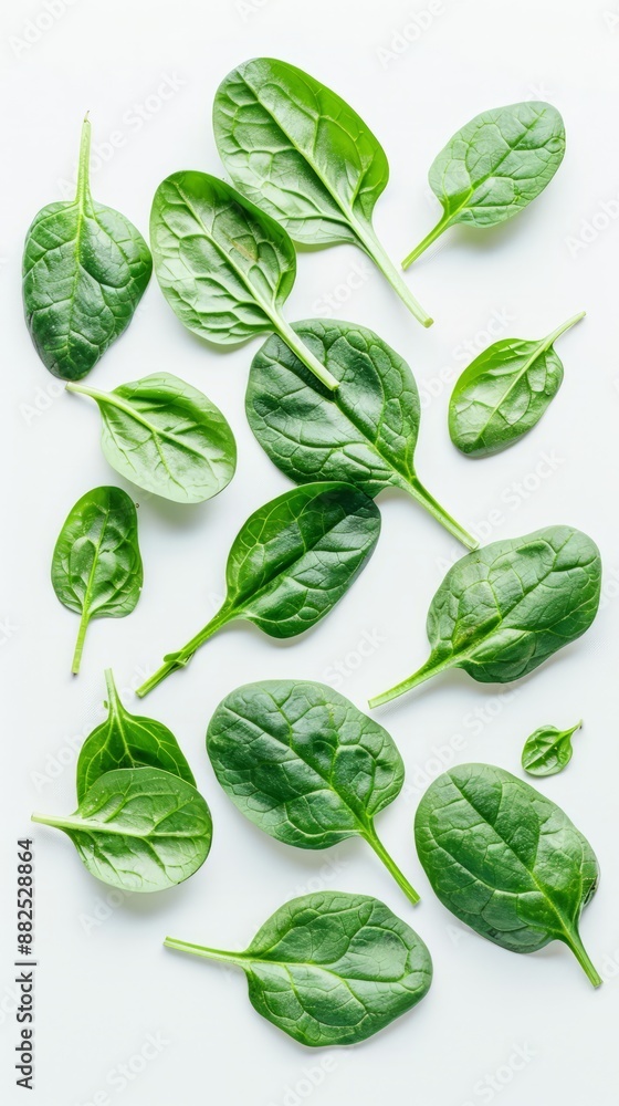 Pile of fresh green baby spinach leaves isolated on white background. Close up. Flat lay. Food concept. Macro concept Pile of fresh green baby spinach leaves isolated on white background. Close up. Flat lay. Food concept. Macro concept