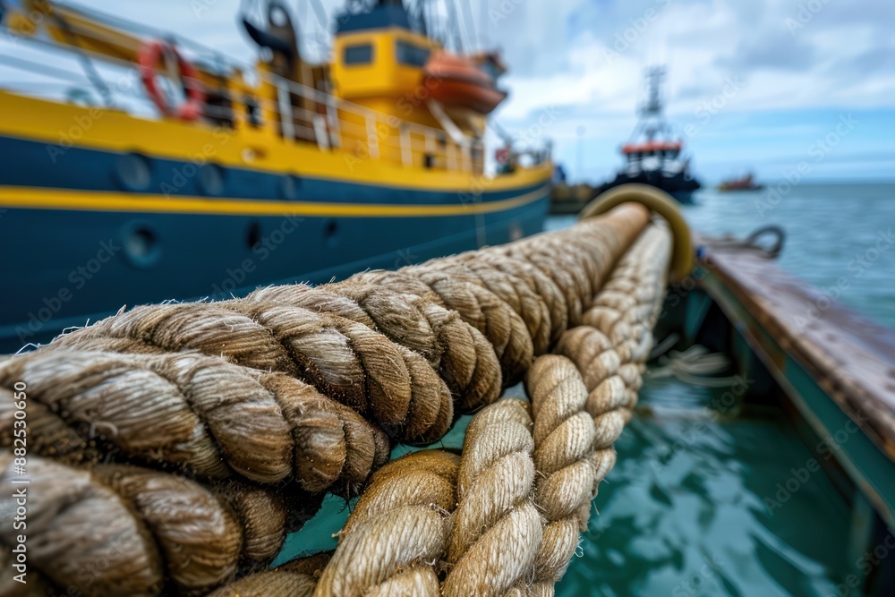 Obraz premium Close-up of Nautical Rope on a Boat Docked at a Marina, Capturing the Essence of Maritime Life and the Intricate Details of Seafaring This Perspective Offers a Unique Glimpse into the World of Boats