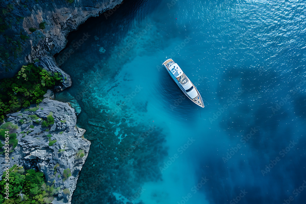 Aerial view of luxury boat in turquoise water of Seychelles Aerial view of luxury boat in turquoise water of Seychelles