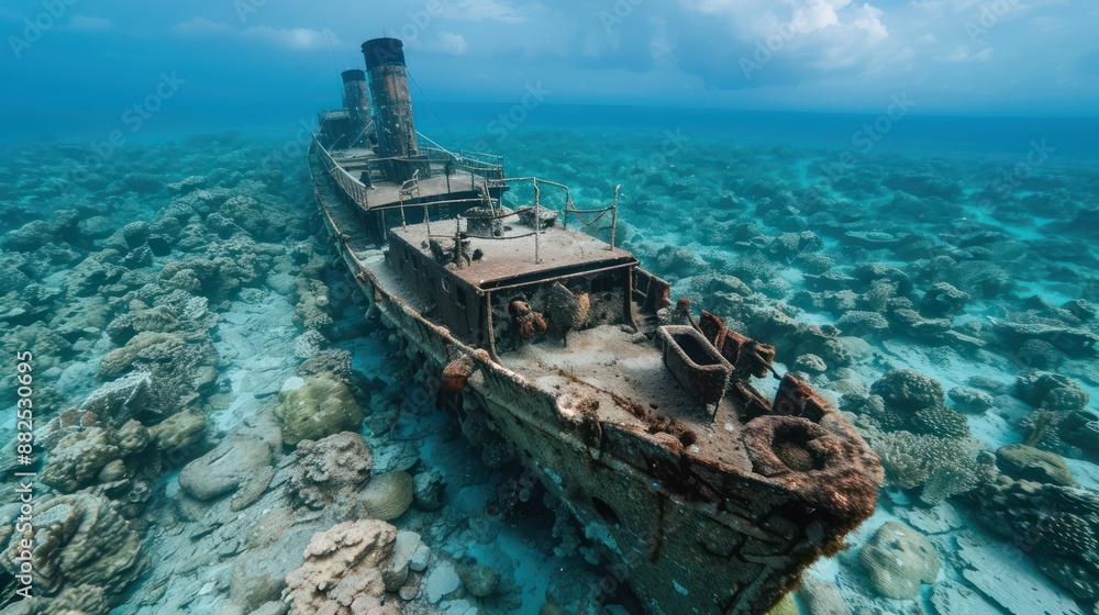 Exploring the Depths of Maritime History A Sunken Ship Encrusted with Coral in a Scenic Underwater Landscape Exploring the Depths of Maritime History A Sunken Ship Encrusted with Coral in a Scenic Underwater Landscape
