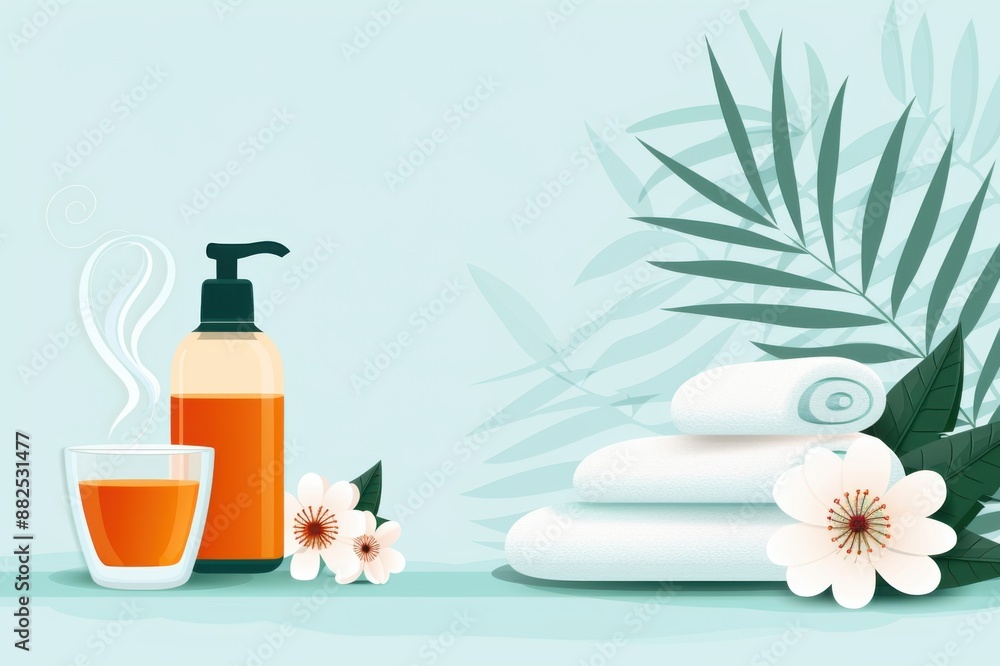 Spa essentials including towels, a bottle of liquid soap, a cup of tea, and flowers on a light blue background with palm leaves. Spa essentials including towels, a bottle of liquid soap, a cup of tea, and flowers on a light blue background with palm leaves.