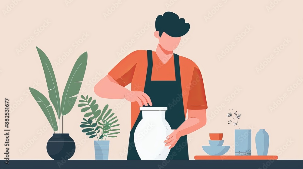 Artisan crafting a handmade ceramic vase, showcasing intricate details and creative design, capturing the essence of DIY fabrication in a cozy workshop, flat design illustration Artisan crafting a handmade ceramic vase, showcasing intricate details and creative design, capturing the essence of DIY fabrication in a cozy workshop, flat design illustration