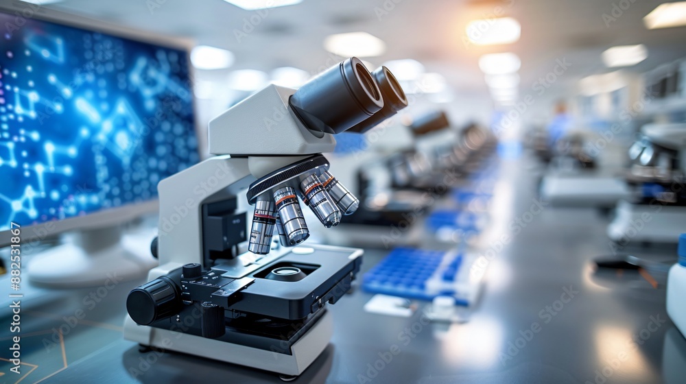 Fototapeta premium Closeup of a Modern Microscope in a Laboratory Setting