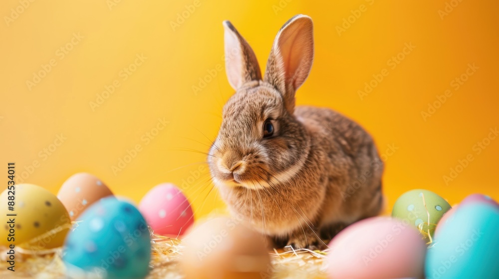 Cute bunny surrounded by colorful Easter eggs on a bright yellow background, perfect for Easter celebrations and decorations. Cute bunny surrounded by colorful Easter eggs on a bright yellow background, perfect for Easter celebrations and decorations.