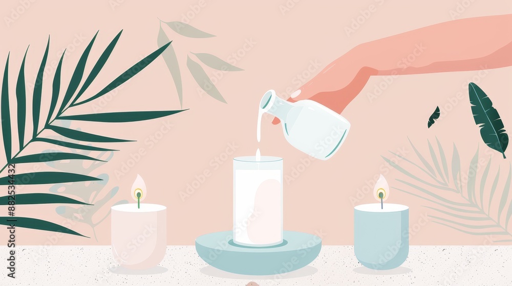 Creative handmade candles, artisan pouring wax and adding unique designs, showcasing the DIY process in a warmly lit crafting space, flat design illustration Creative handmade candles, artisan pouring wax and adding unique designs, showcasing the DIY process in a warmly lit crafting space, flat design illustration