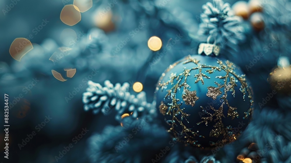 Close-up of an elegant Christmas ornament on a frosted tree branch with beautiful bokeh lights in the background. Close-up of an elegant Christmas ornament on a frosted tree branch with beautiful bokeh lights in the background.