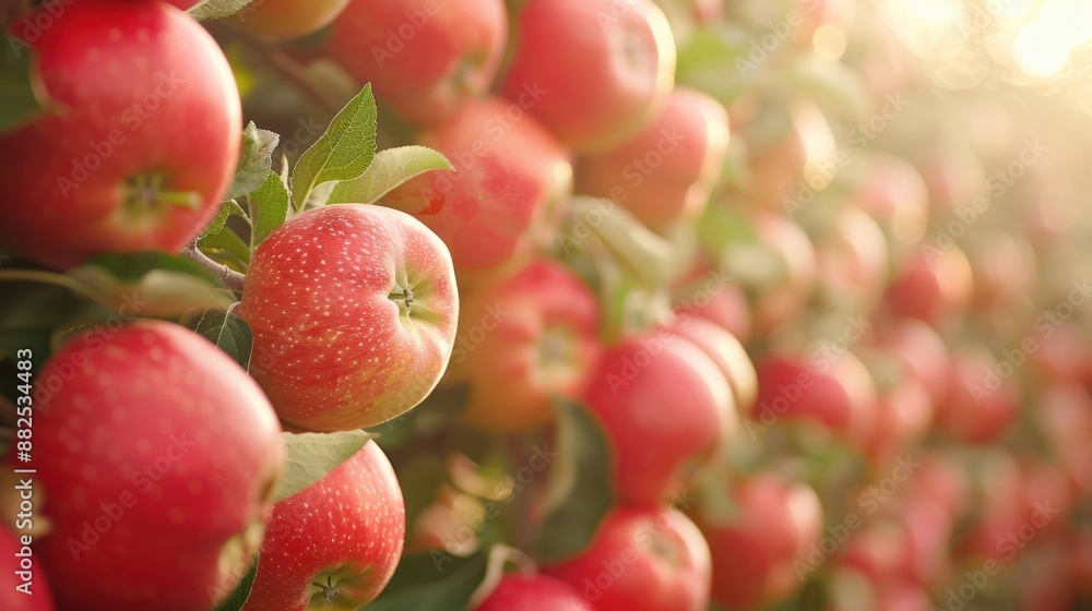 A closeup view of ripe red apples hanging on trees in an orchard during a sunny day, showcasing fresh fruit. A closeup view of ripe red apples hanging on trees in an orchard during a sunny day, showcasing fresh fruit.